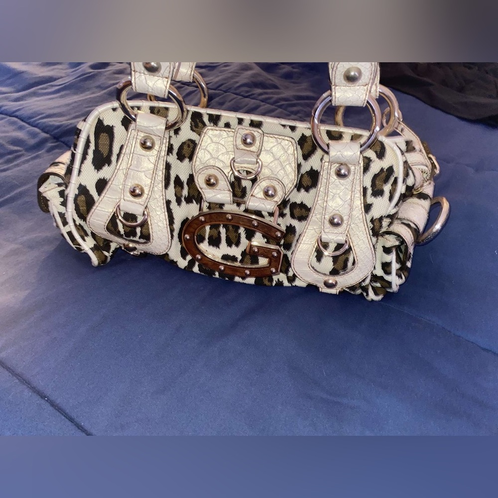 Guess Animal Print Baguette Canvas & Leather Bag